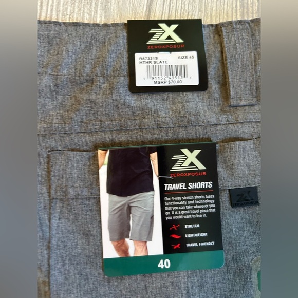 NWT ZeroXposur Sz 40 Slate Gray Stretch Travel Shorts - Flat Front - Zip Pocket - Picture 6 of 15